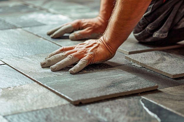 Closeup of hands installing new tiles or flooring