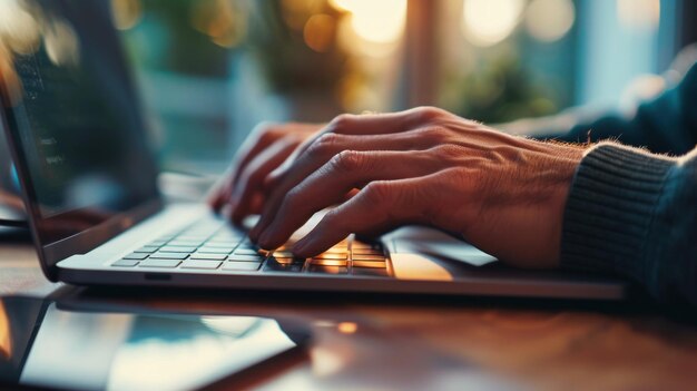 Photo closeup hands male using laptop in the studio