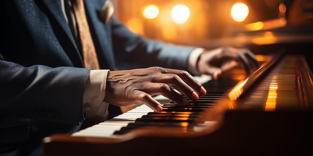 Closeup of hands of a man playing the piano in the dark