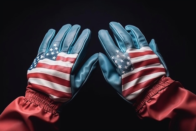 黒い背景にアメリカの国旗と医療用手袋をはめた手のクローズアップ