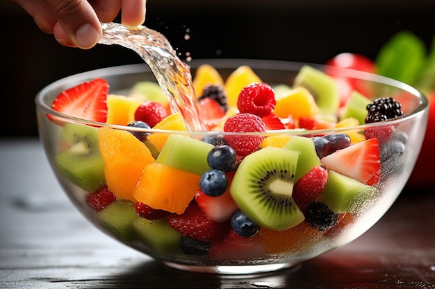 Closeup of hands mixing fruits in a salad bowl