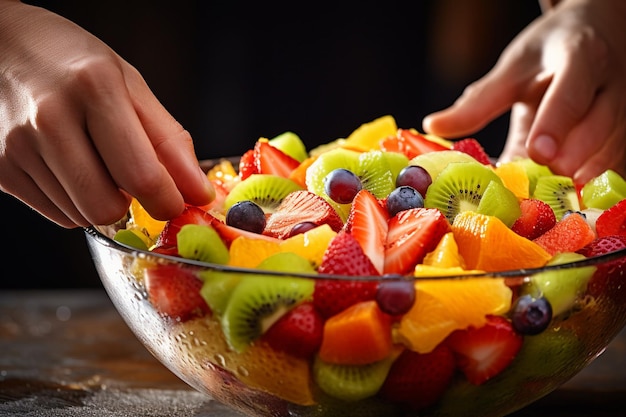 Closeup of hands mixing fruits in a salad bowl