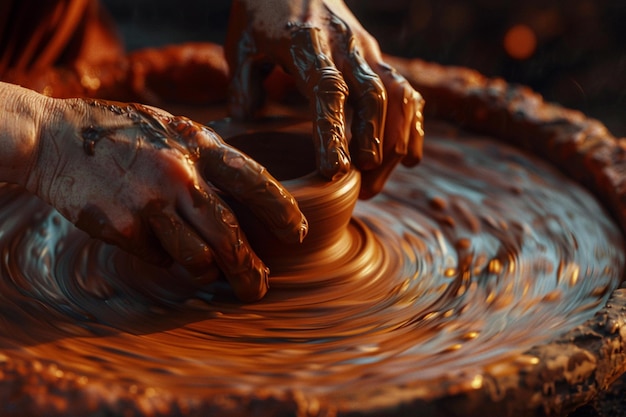 Closeup of hands molding clay into pottery on a sp