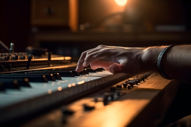 Closeup of hands of a musician playing on a synthesizer