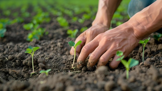 Вблизи руки, питающие нежные саженцы в плодородной почве концепция ухода за ростом и устойчивого сельского хозяйства идеально подходит для экологических тем ИИ