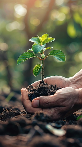 Closeup of hands nurturing a young plant