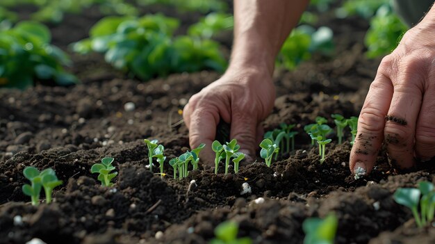 Близкий взгляд на руки, питающие молодые растения в плодородной почве, символизирующие рост и уход в садоводстве сельскохозяйственная практика весной сосредоточена на устойчивом развитии ИИ