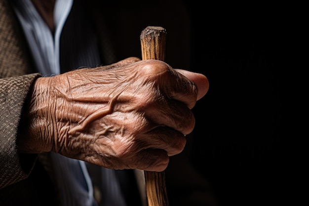 지팡이를 들고 있는 노인의 손의 근접 촬영지팡이를 들고 있는 노인 AI 생성