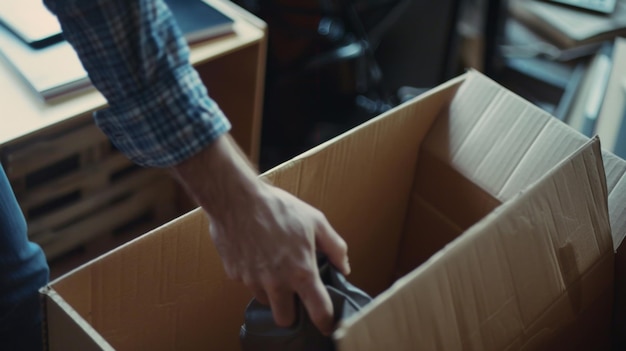 Closeup of hands packing a mug in a cardboard box signifying a move or storage