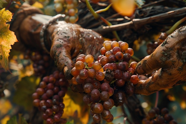 Closeup of hands picking ripe grapes during the gr