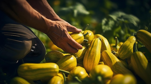 Photo closeup of hands picking ripe yellow squash