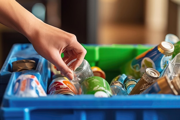 Closeup Of Hands Placing Recyclable Items Into Recycling Bin Generative AI