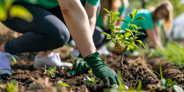 Photo closeup of hands planting sapling in fertile soil environmental care
