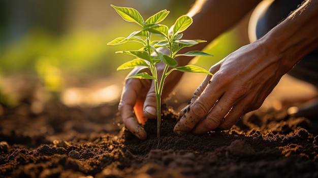 Closeup of hands planting a sapling in fertile soil