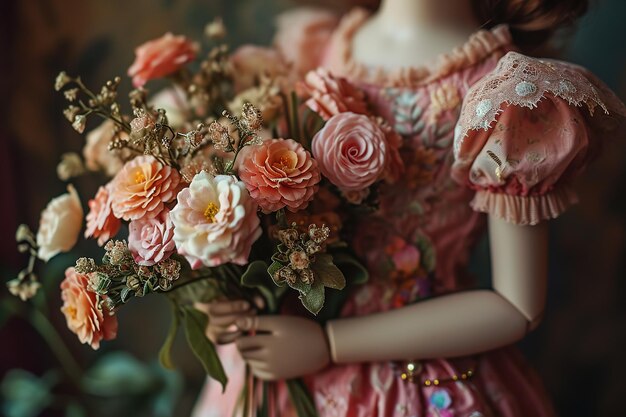 closeup of a hands of porcelain ball jointed doll in a dress holds a bouquet of flowers