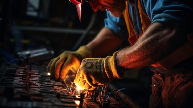 金属部品を加工する熟練した産業労働者の手のクローズアップ