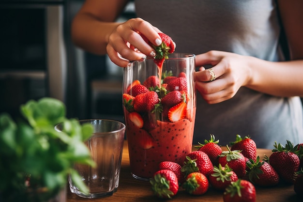 Foto close-up di mani che tagliano fragole fresche per prepararle per la produzione di succo