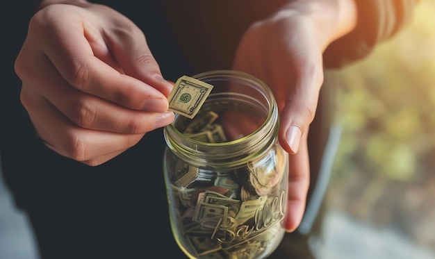 Closeup of Hands Tallying Money Saved in a Jar