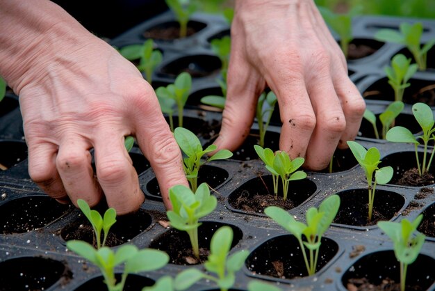 Closeup of hands tending potted seedlings