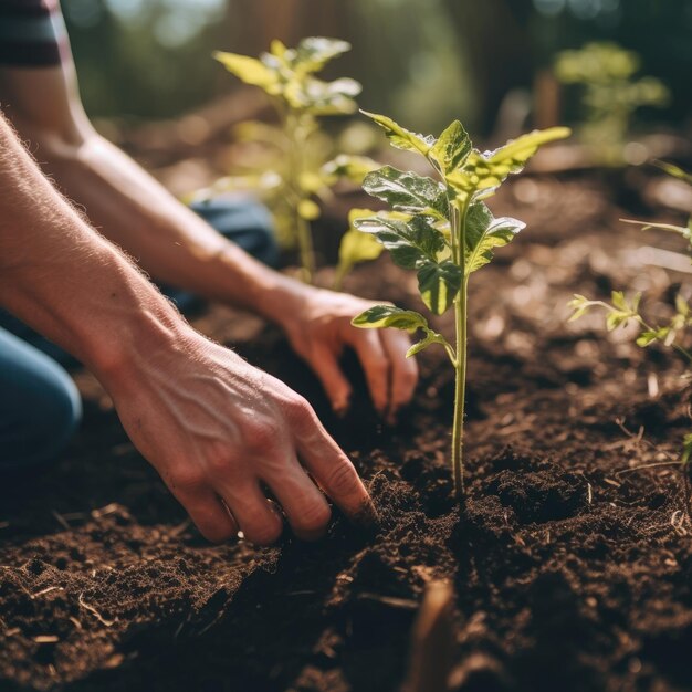 庭で屋外の植物を移植する手のクローズアップ