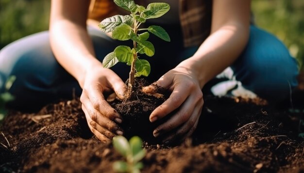 庭で屋外の植物を移植する手のクローズアップ