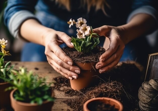 庭で屋外の植物を移植する手のクローズアップ