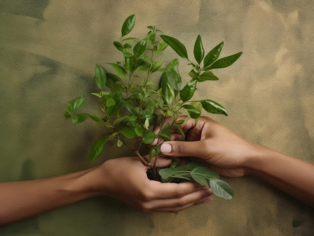 Photo closeup of the hands of two people holding a plant