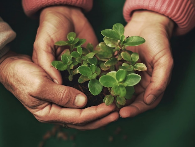 Closeup of the hands of two people holding a plant