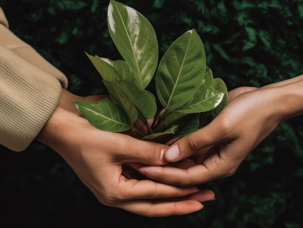 Photo closeup of the hands of two people holding a plant