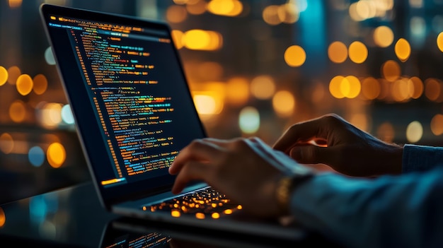 closeup of hands typing code on a laptop in a dark room with bokeh lights in the background latenight coding session for software development and programming