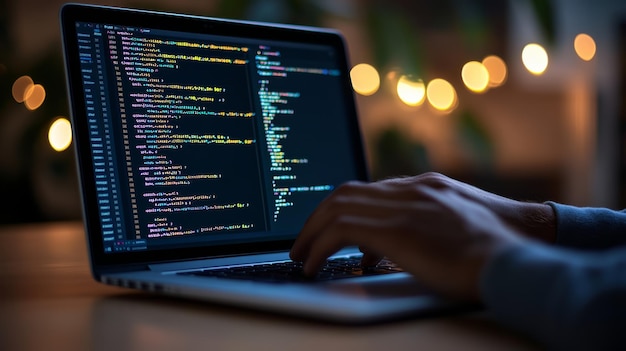 closeup of hands typing code on a laptop with programming lines on the screen software development coding and hacker concept