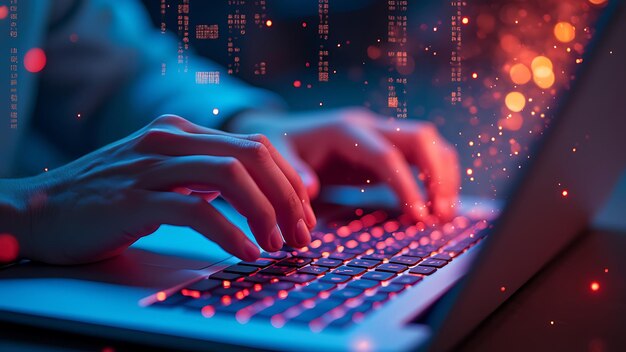 closeup of hands typing on a keyboard with digital technology software development concept coding programmer software engineer working on laptop