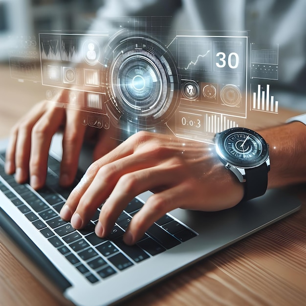 CloseUp of Hands Typing on a Keyboard With Futuristic Holographic Data Overlays