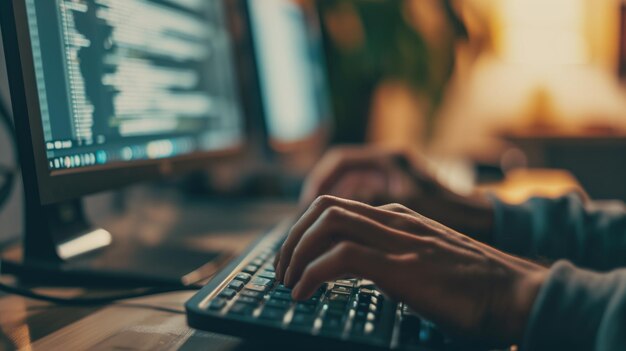 Closeup of hands typing on a keyboard with a monitor in the background