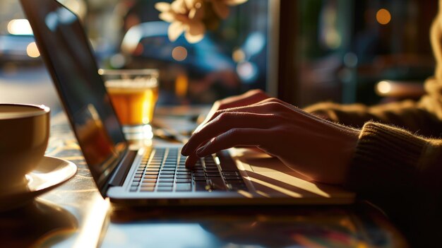 Closeup of hands typing on a laptop in a warm sunlit setting