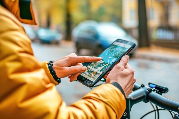 Photo a closeup of hands using a bikesharing app with map on a smartphone