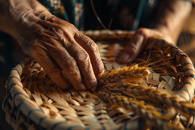 Photo closeup of hands weaving a basket from natural fib