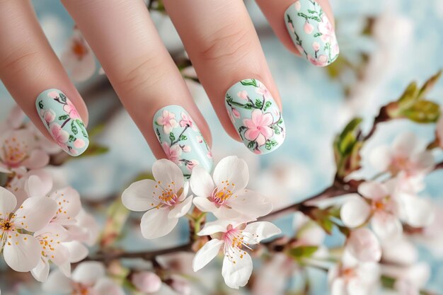 Photo closeup of hands with a delicate floralpatterned manicure complemented by soft cherry blossoms