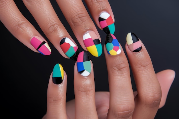 Closeup of hands with multicolored block nail art