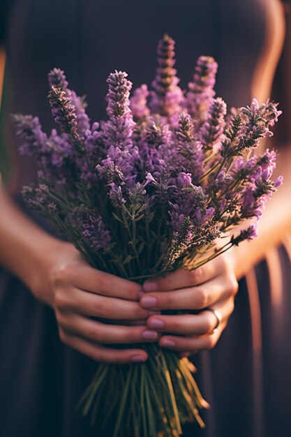 紫のラベンダーの花の花束を持つ女性のクローズ アップ手