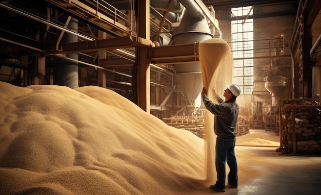 Photo closeup hands worker holds grain for production of white flour in automated modern mill for bread created with generative ai technology