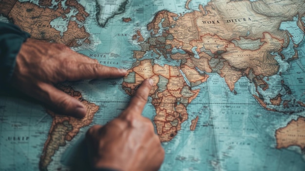 Closeup of hands over a world map with trade routes pointing at major global trade ports