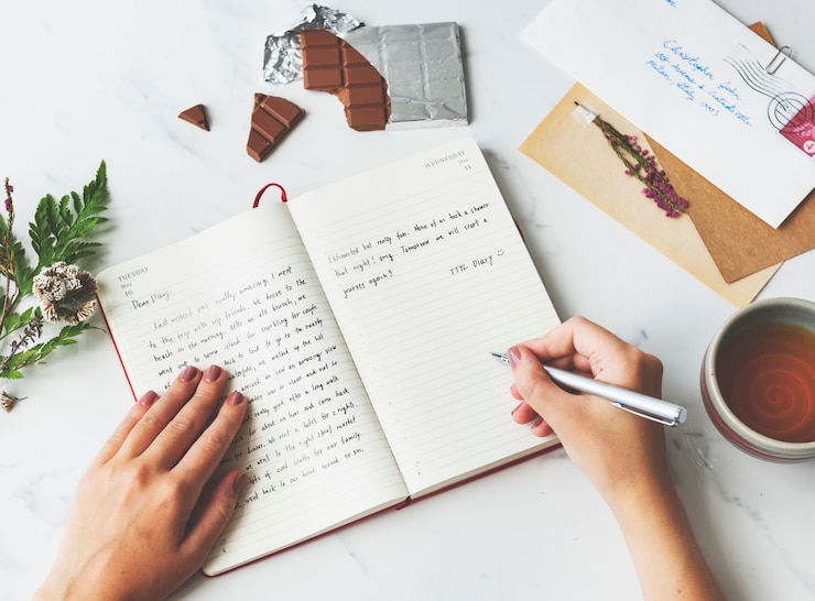 Photo closeup of hands writing a diary
