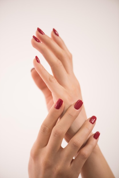 closeup of hands of a young woman with long red manicure on nails against white background