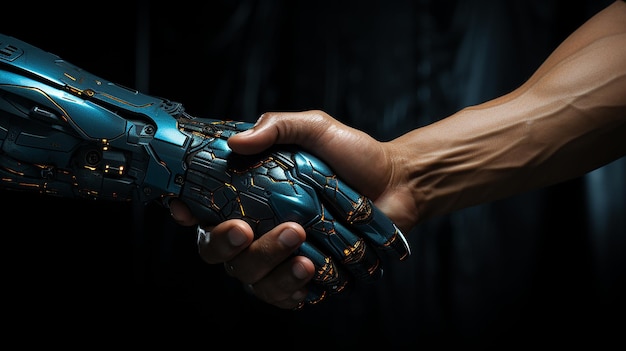 closeup handshake of human hand and robot hand