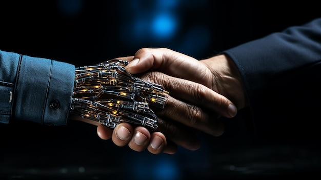 closeup handshake of human hand and robot hand