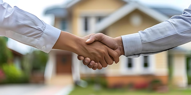 Photo closeup of handshake between real estate agent and client with property listings in background concept real estate handshake property listings closeup business transaction