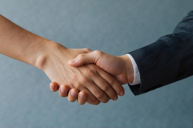 Closeup handshake between two businessmen with blurred blue background