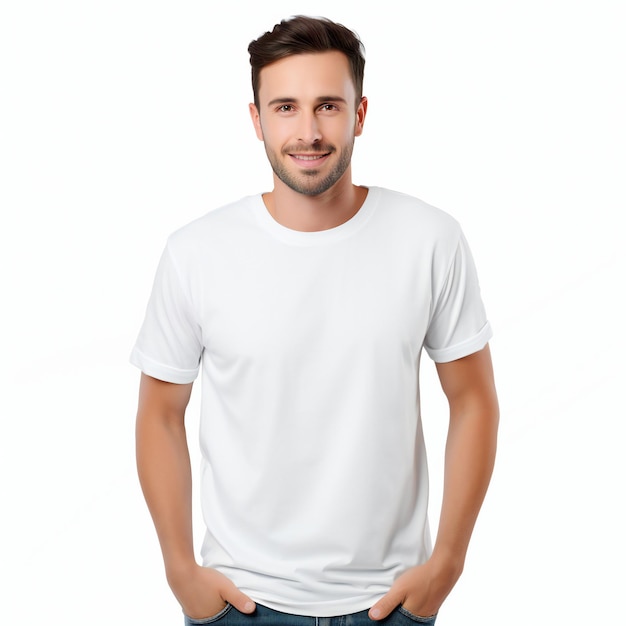 CloseUp of Handsome Man in White TShirt against White Background