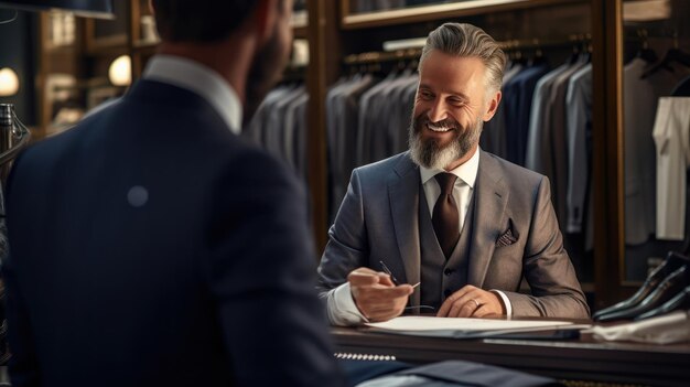 Photo closeup handsome mature man suit tailor working and talking with customer in the shop